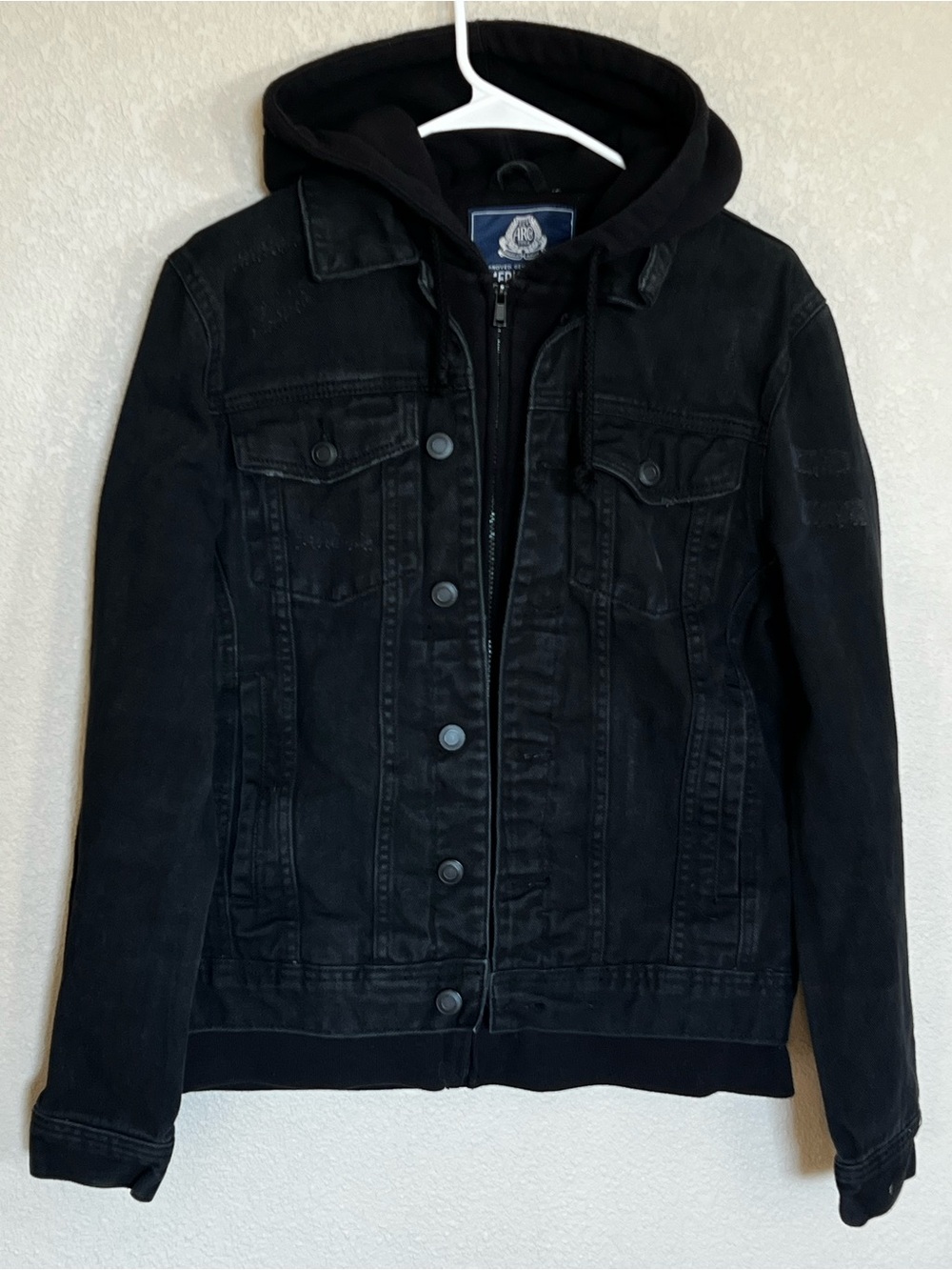 American Rag Mens Black Hooded Trucker Jean Jacket size Medium